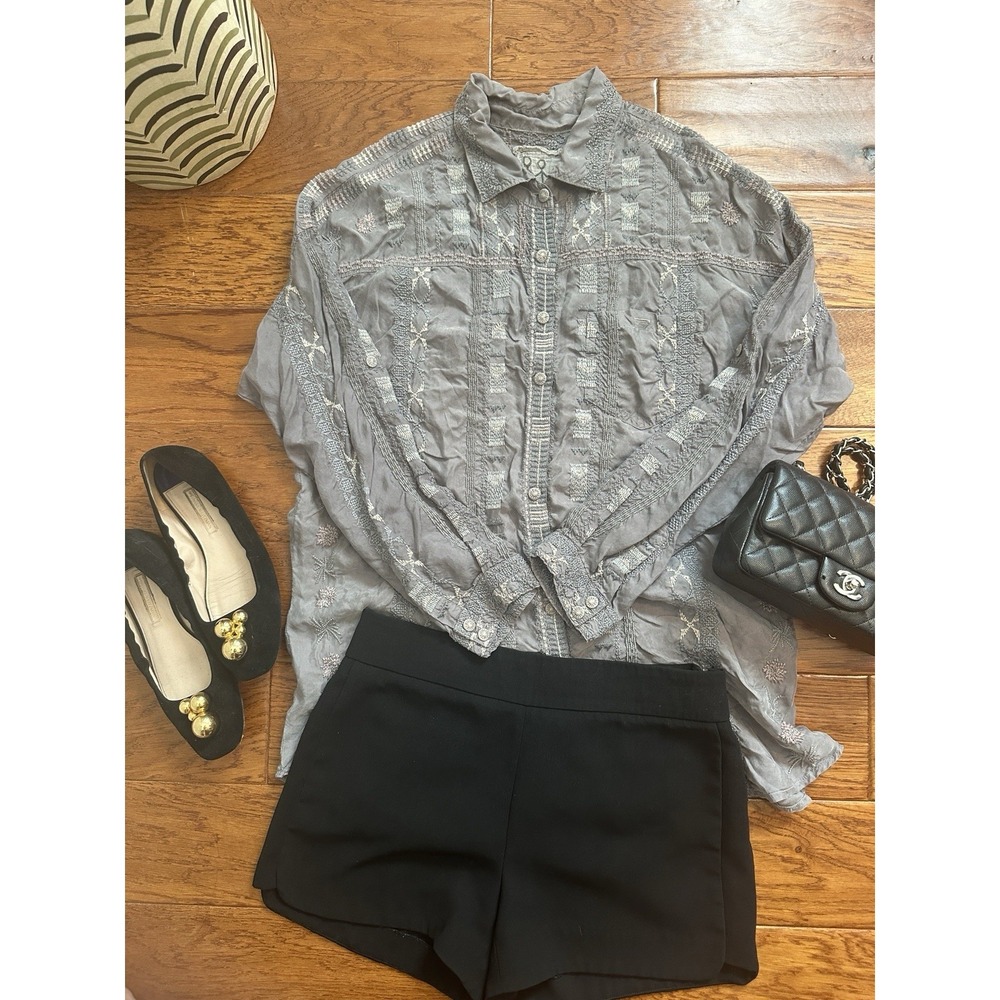 Johnny Was Gray Embroidered Button Down Shirt Blouse Long Sleeve Boho Top